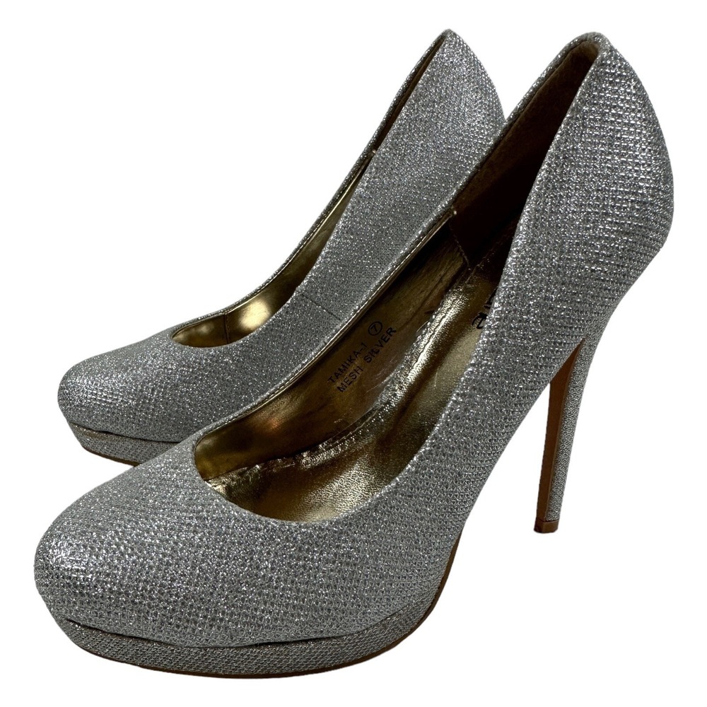 Bella Marie Tamika Mesh Silver Stiletto Platform Heels Closed Toe Pumps Size 7